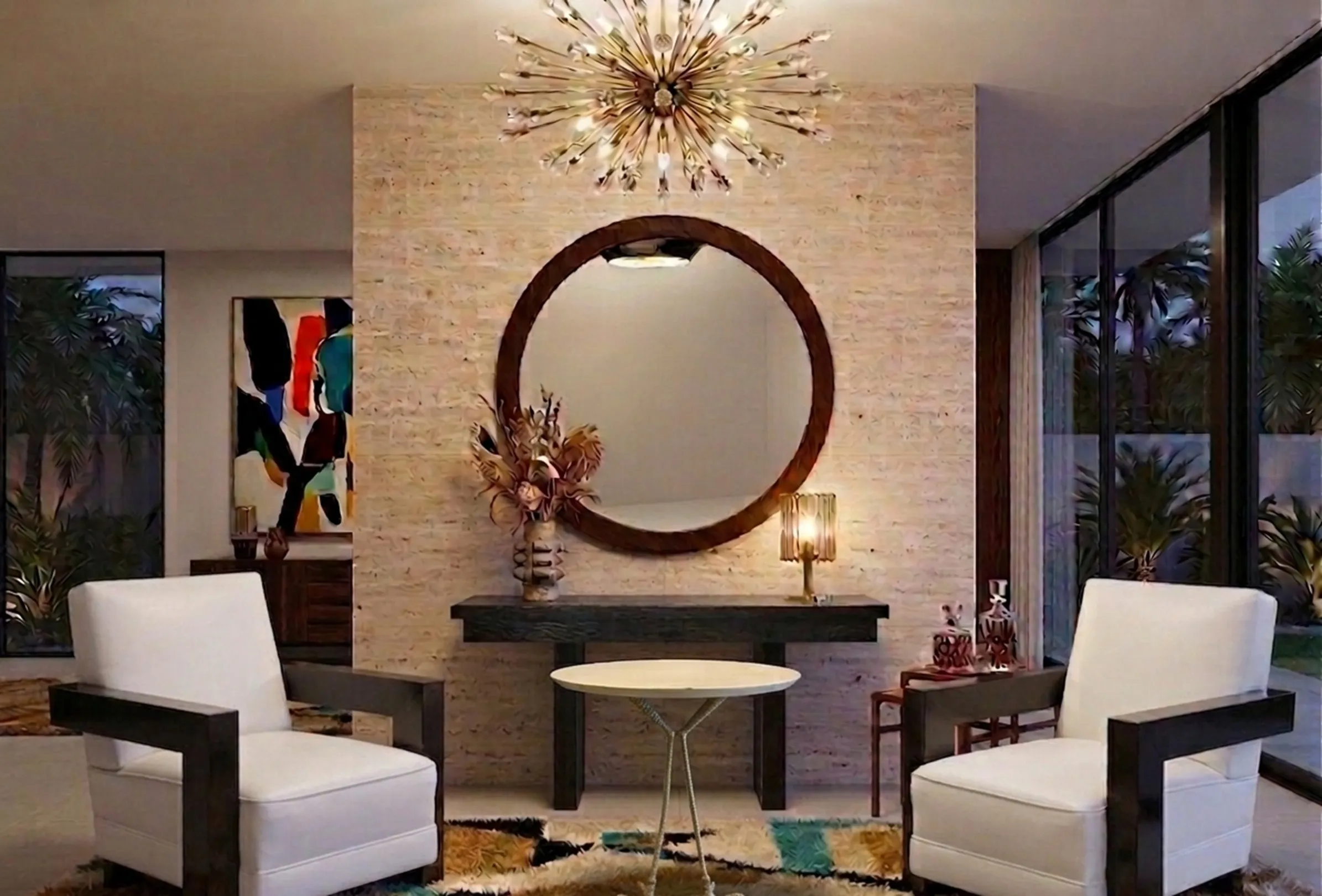 Mesa antiga branca com pernas finas em uma sala moderna, cercada por poltronas e decorações.