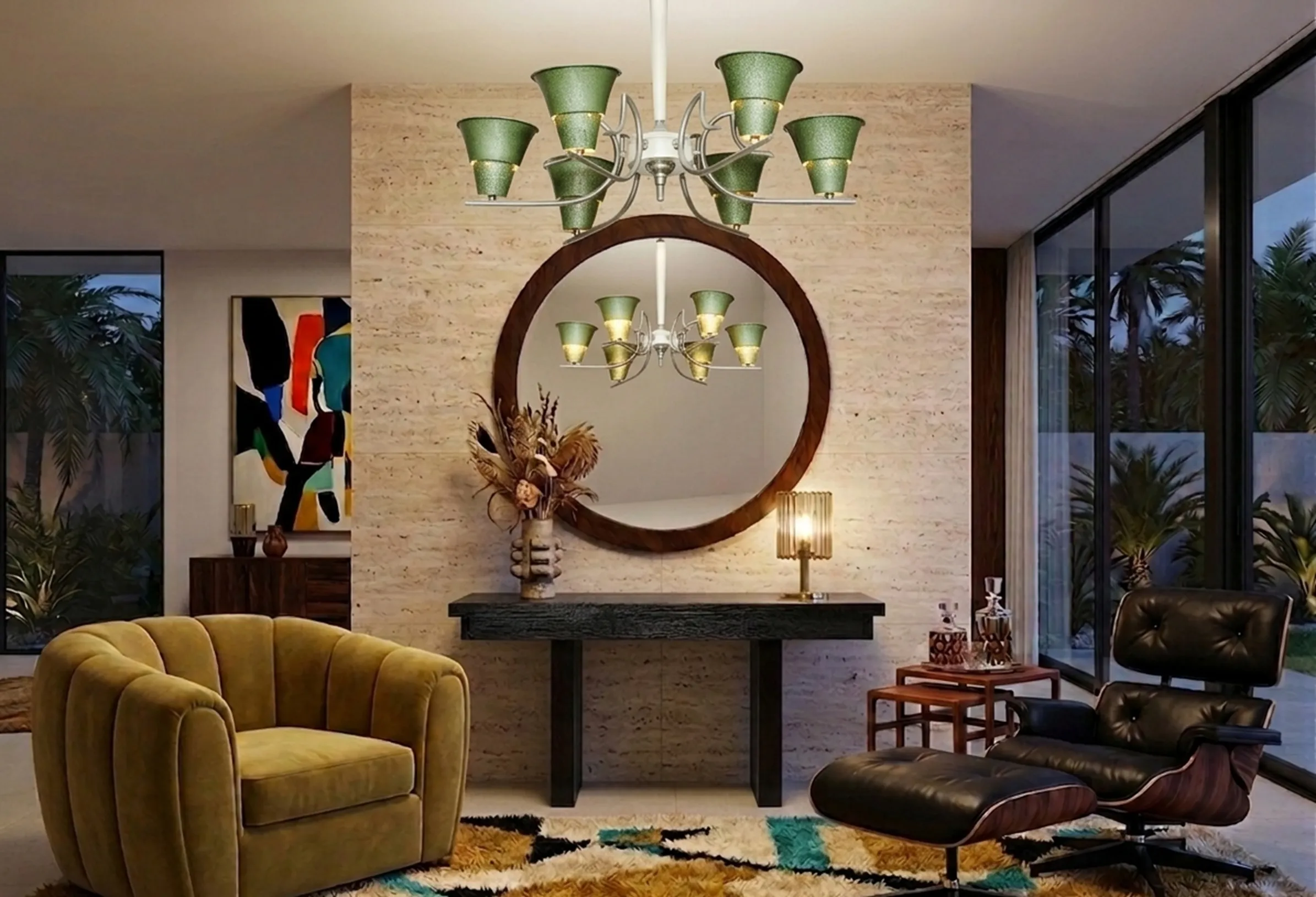 Antique hanging lamp with green shades in a modern room