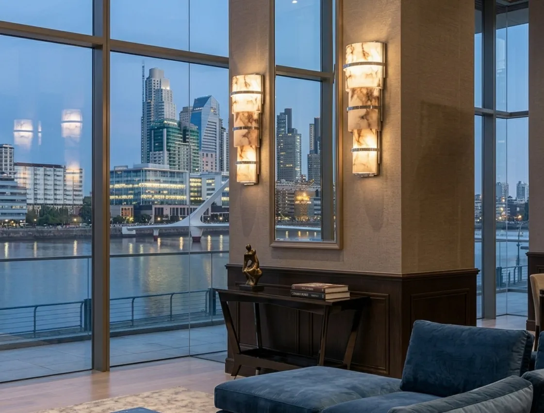 antique wall sconces with soft light in a modern room with views