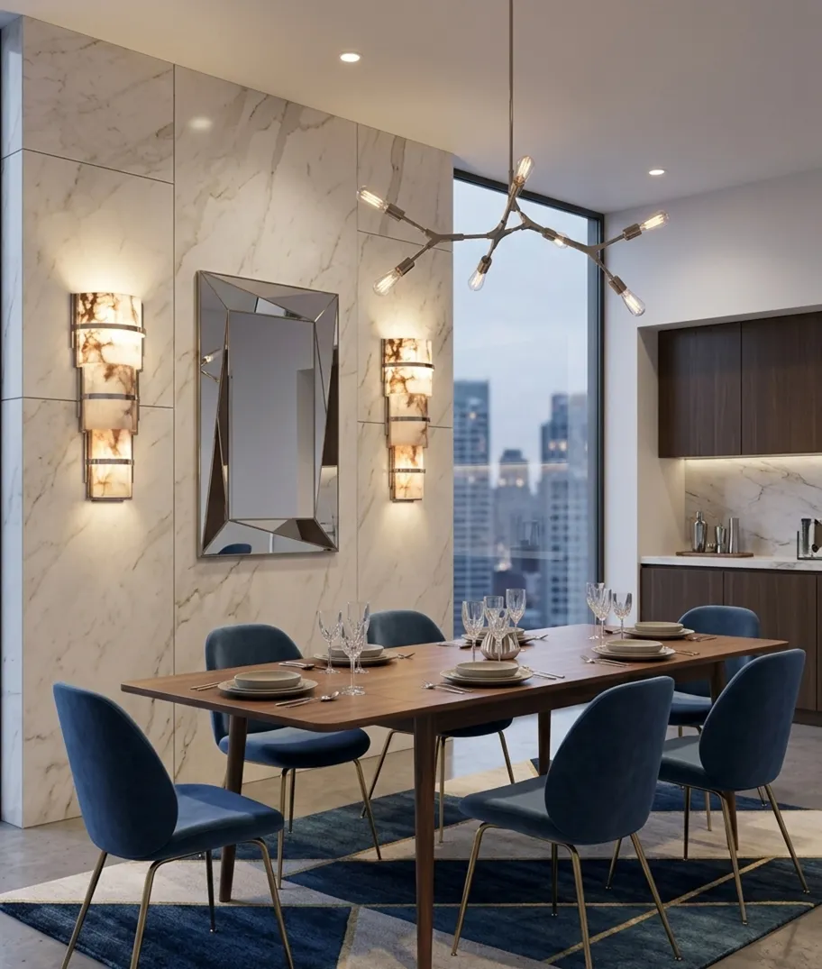 antique sconces casting soft light in a modern setting