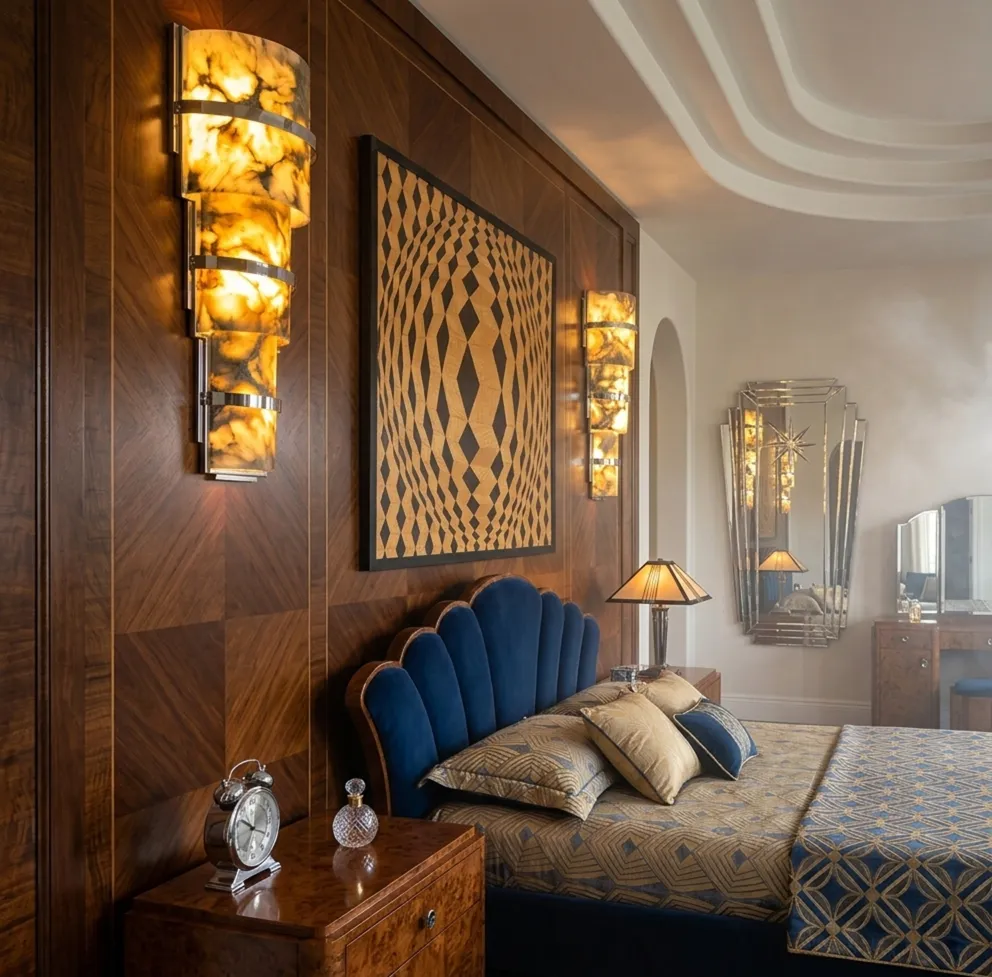 エレガントな空間にある古いウォールランプのペア、ベッドと装飾付き。