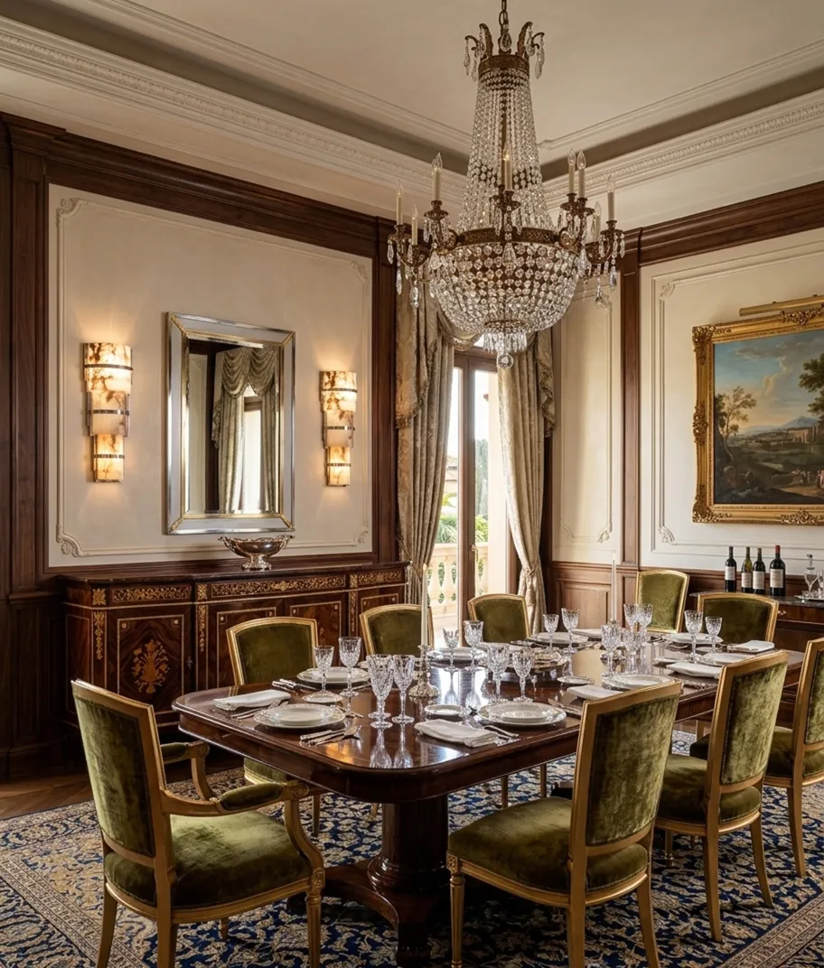 Antique pair of sconces in an elegant dining room. Classic design.