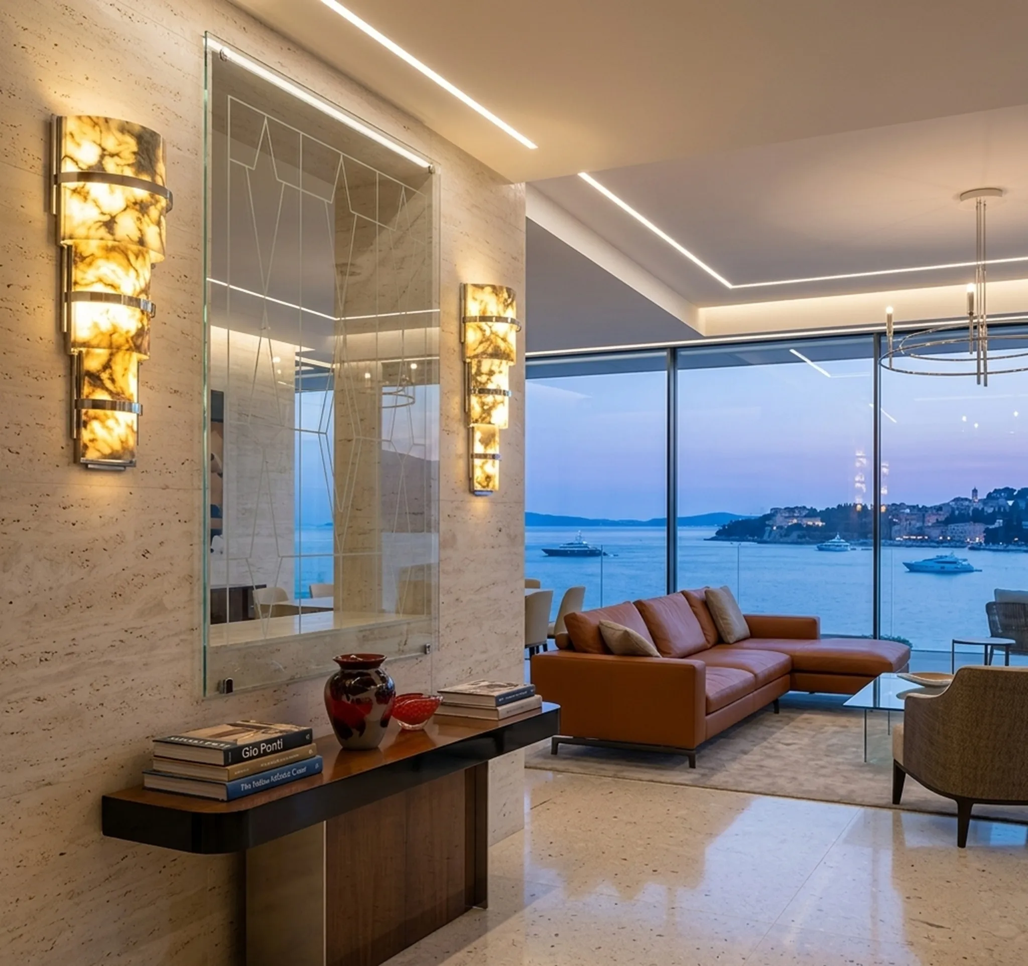 Par de luminárias de parede antigas em um ambiente elegante ao lado de um espelho