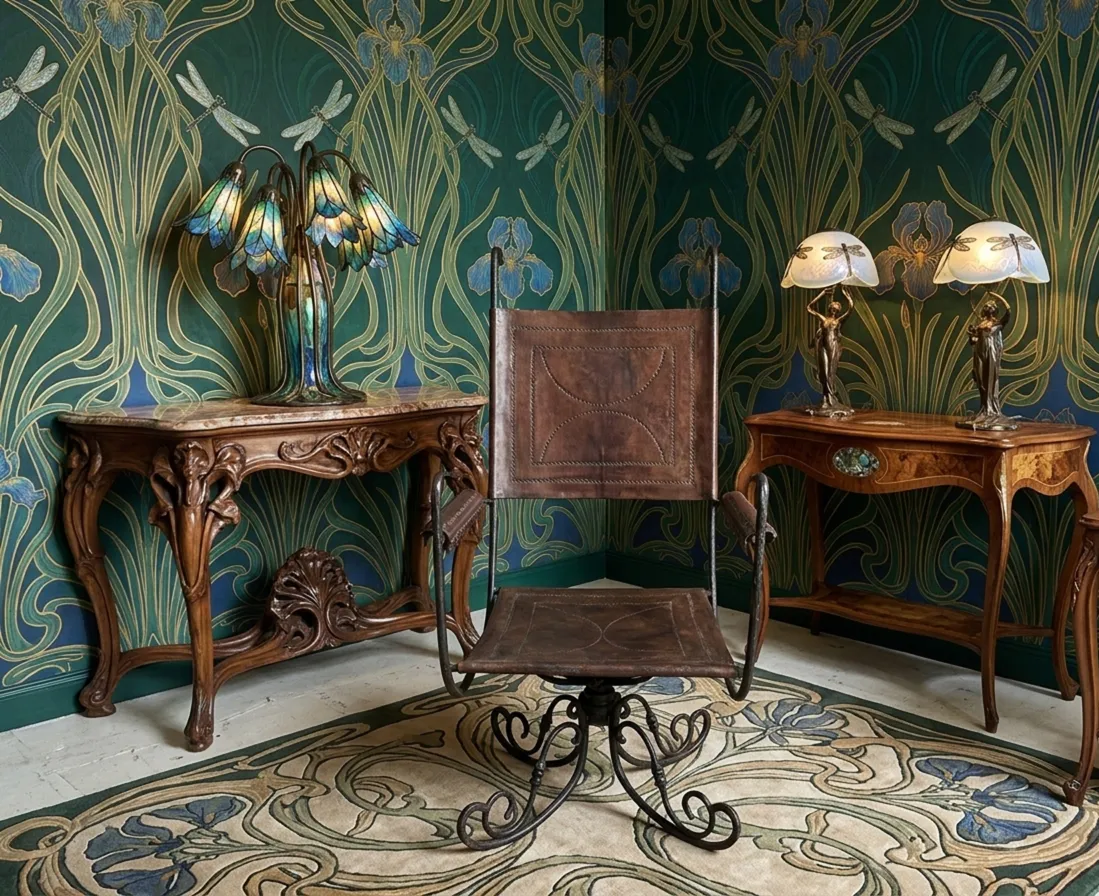 Старинное кресло в стиле арт-деко в элегантной обстановке с лампами и изысканной мебелью.