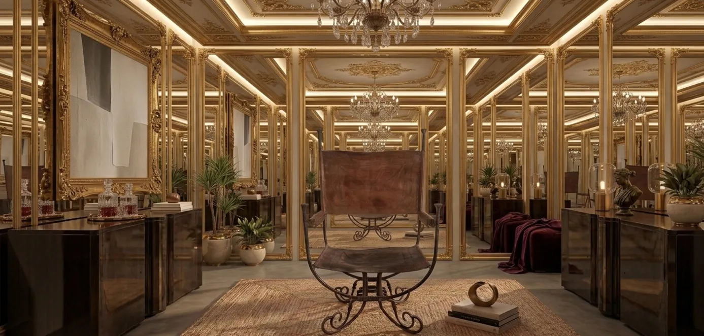 Sillón antiguo en un ambiente elegante con espejos