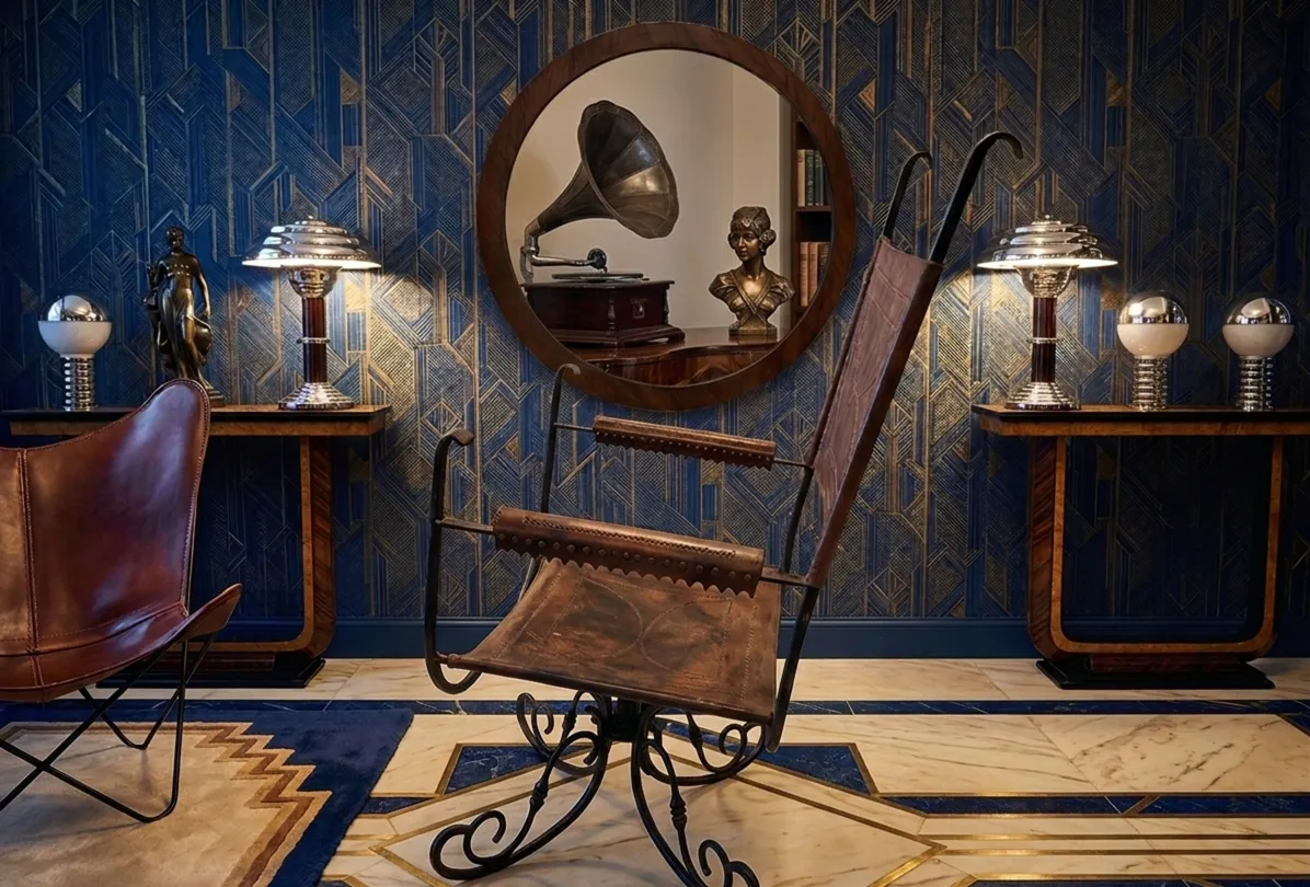 Antiker Sessel im Art-Deco-Stil mit Metall- und Lederdetails, in einer eleganten Umgebung.