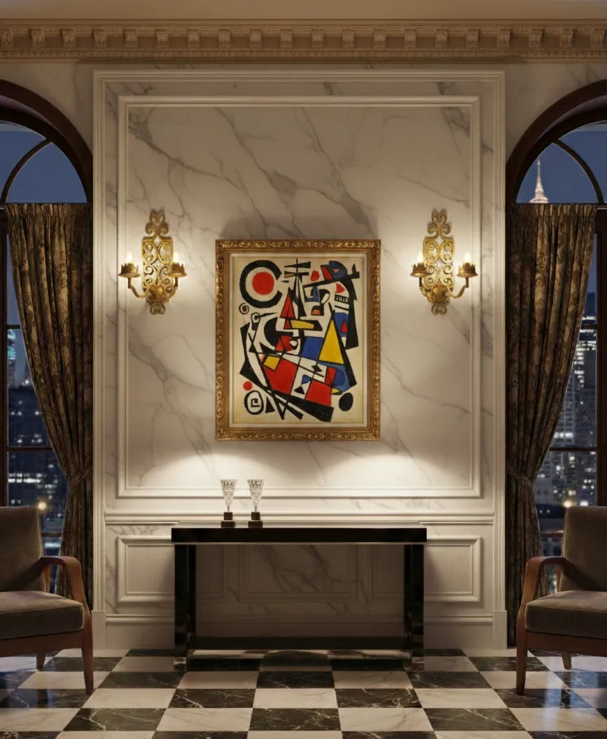 antigo par de luminárias iluminando uma pintura na parede