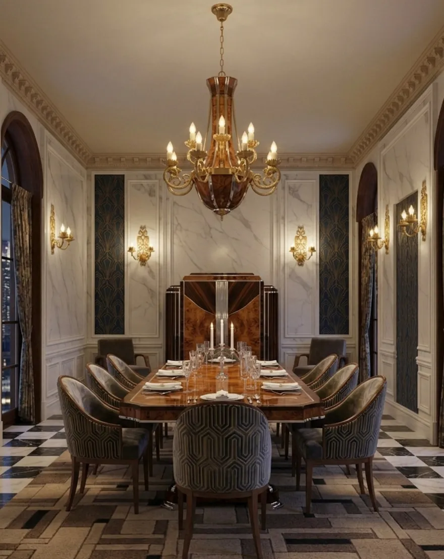 coppia di applique antiche che illuminano una sala da pranzo elegante con marmo