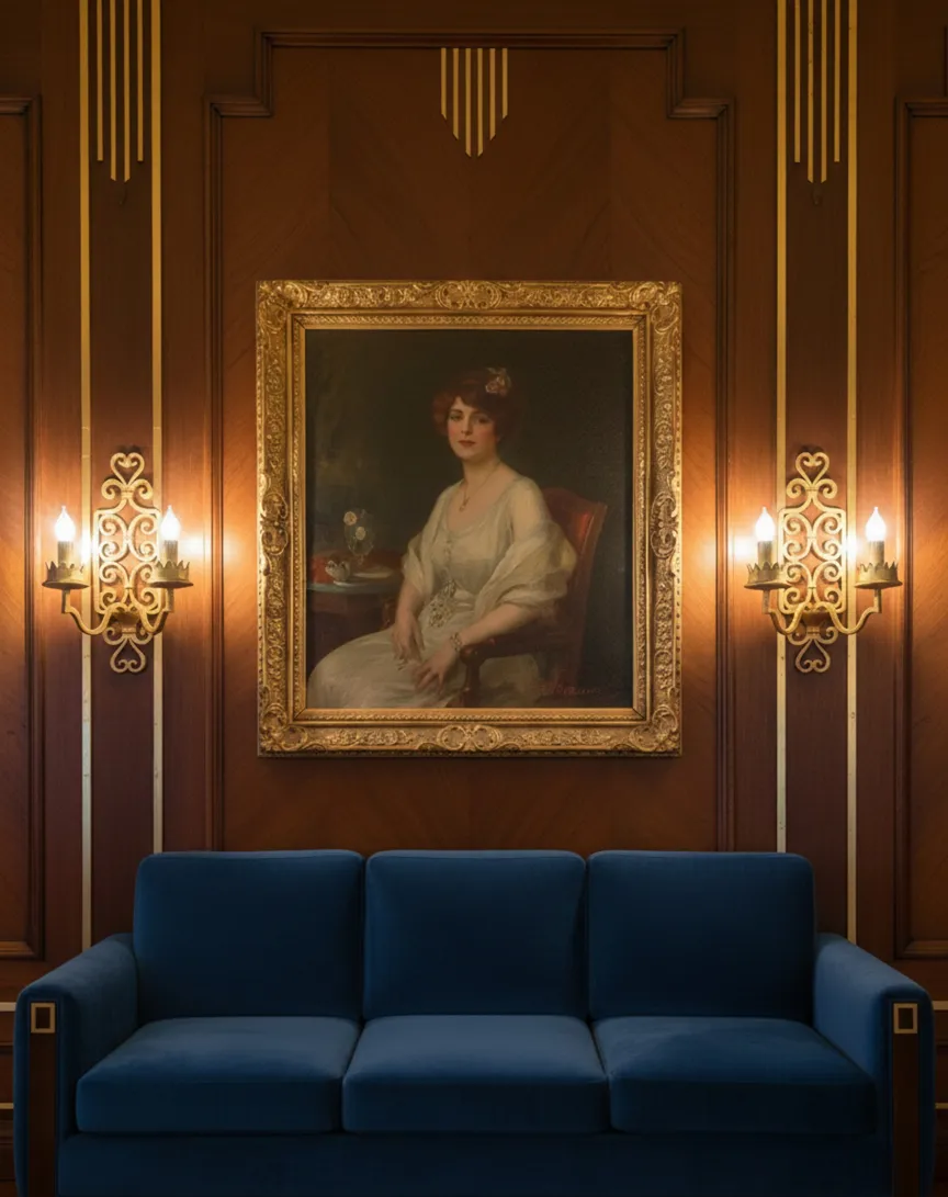 زوج-من-المصابيح-الجدارية-القديمة-على-جدار-مزخرف-بجانب-أريكة-زرقاء-مع-لوحة-كلاسيكية-في-الخلفية