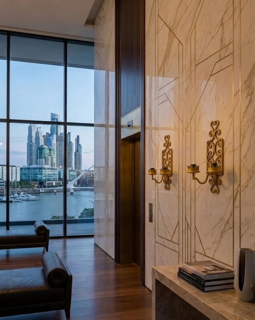 two antique sconces on a wall with a view