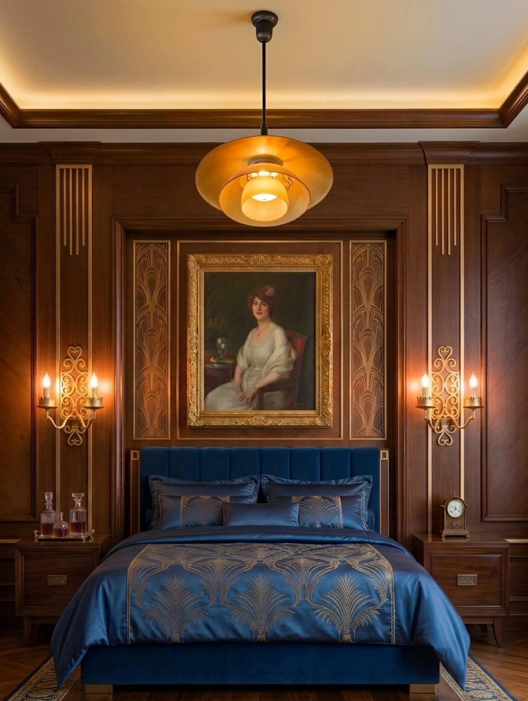 view of 2 elegant antique hanging lamps in a bedroom