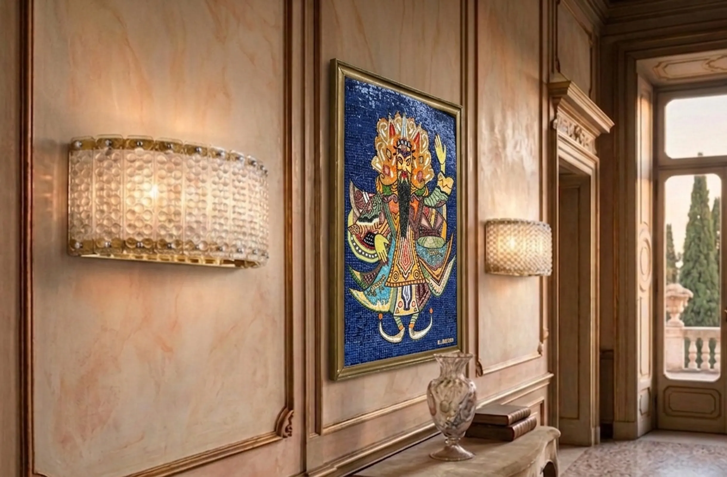 Panneau de mosaïque ancien avec un design coloré sur le mur