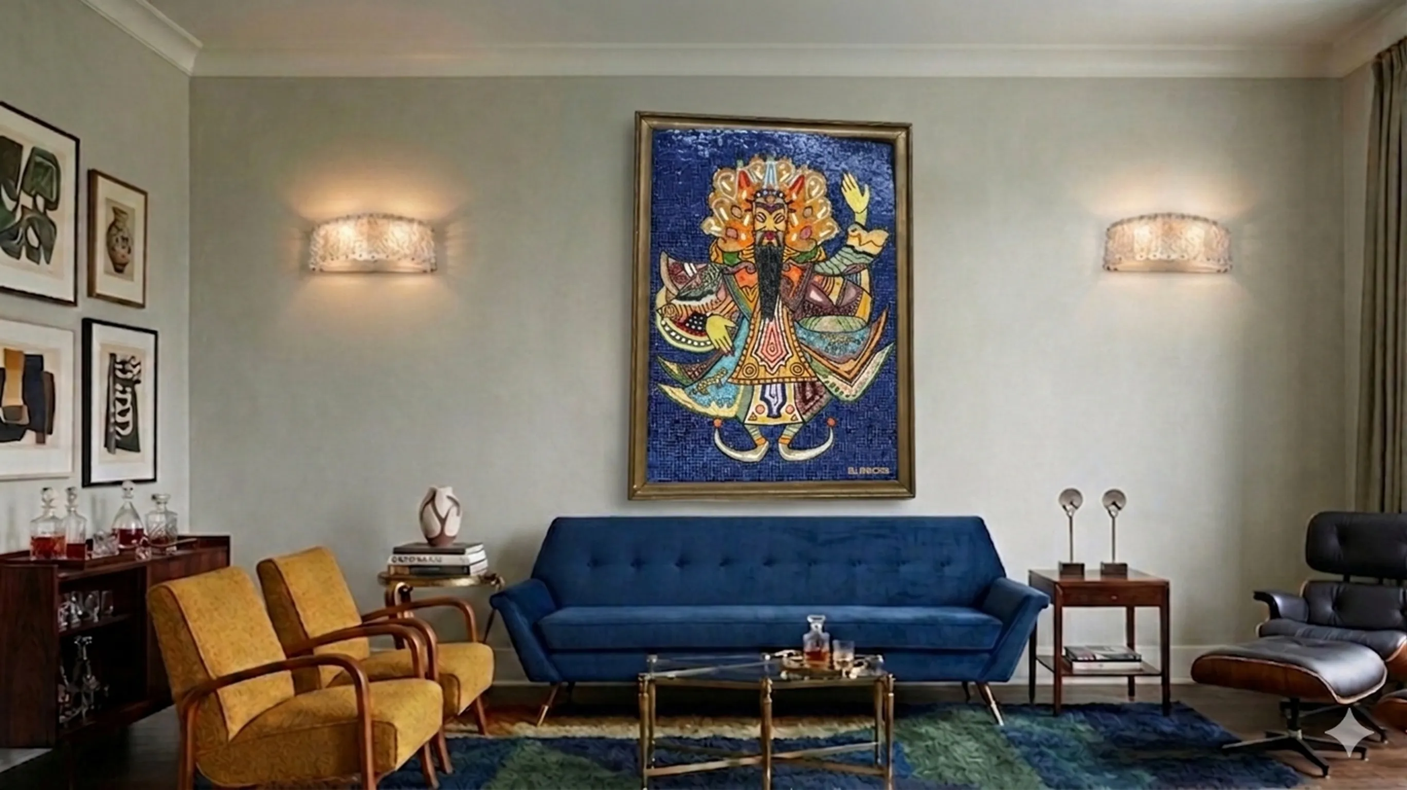 quadro de mosaico antigo em tons de azul e dourado