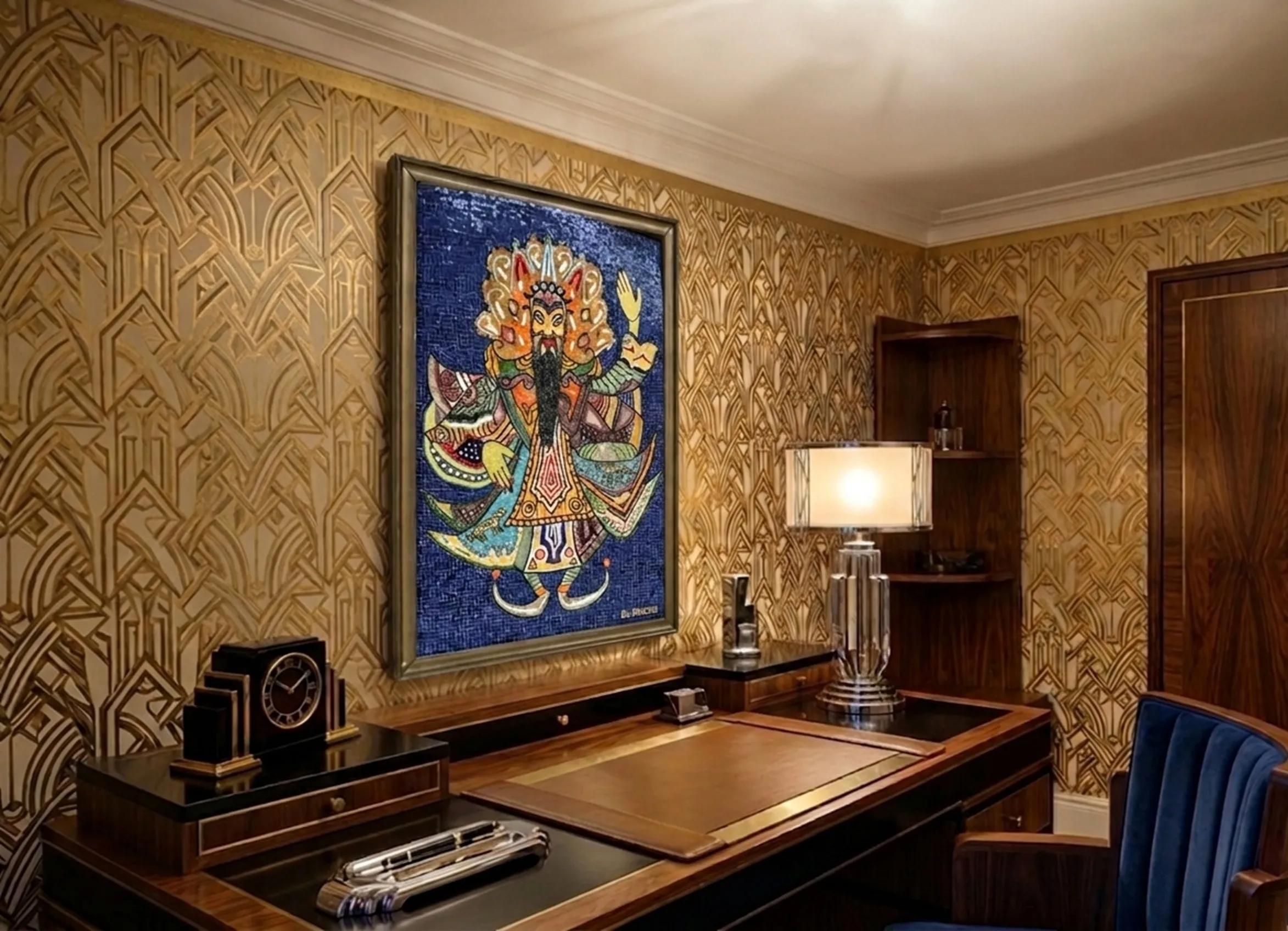 Антиквариатное мозаичное панно с ярким дизайном в классической обстановке.