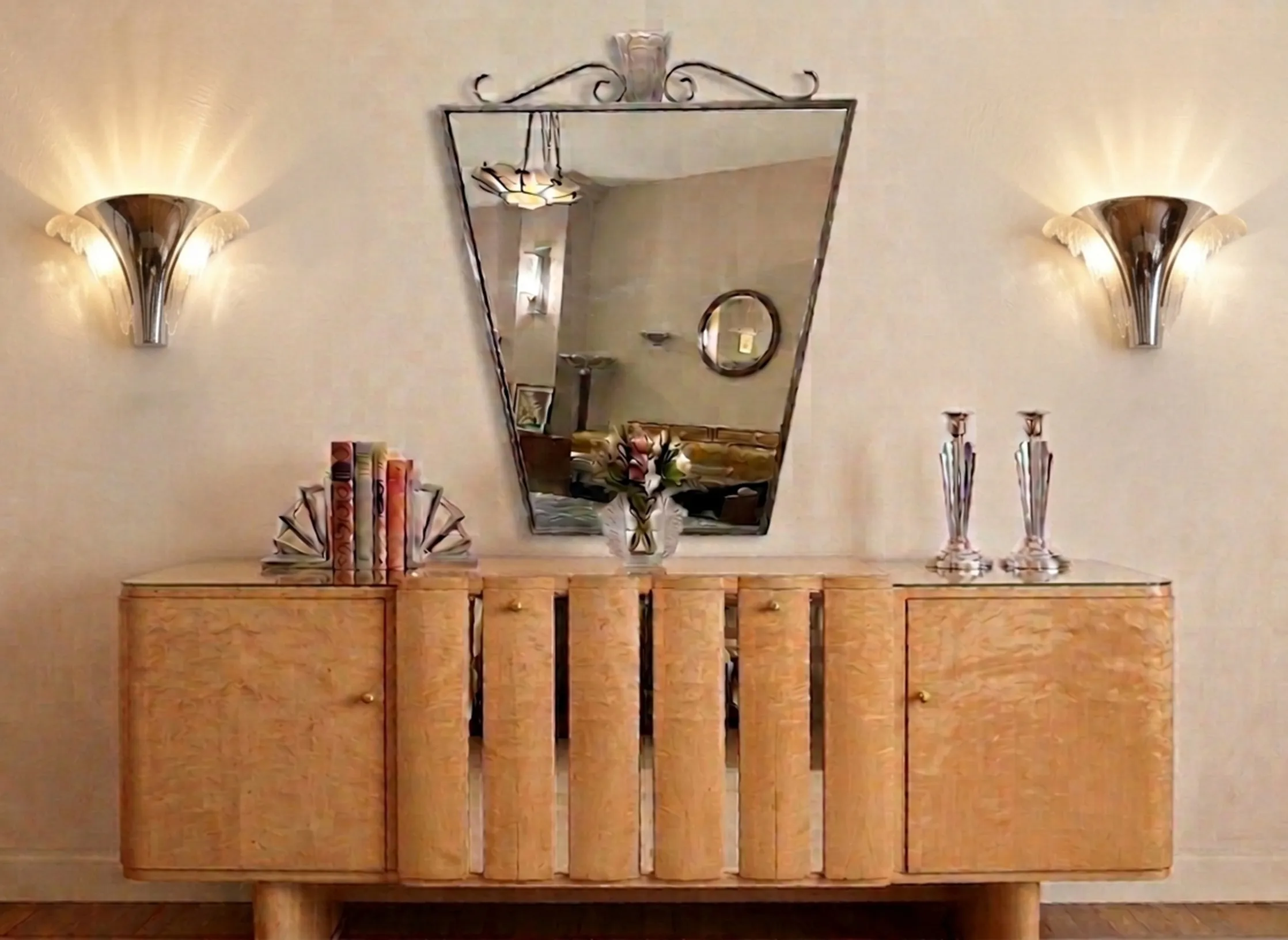 coppia di applique antiche sul muro con specchio decorativo