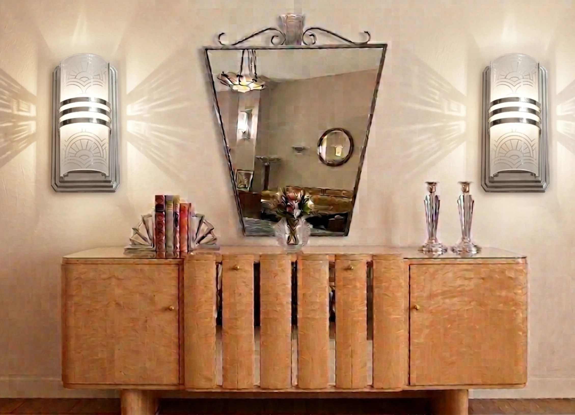 고풍스러운 벽등이 거울과 꽃이 있는 우아한 방을 밝히고 있습니다