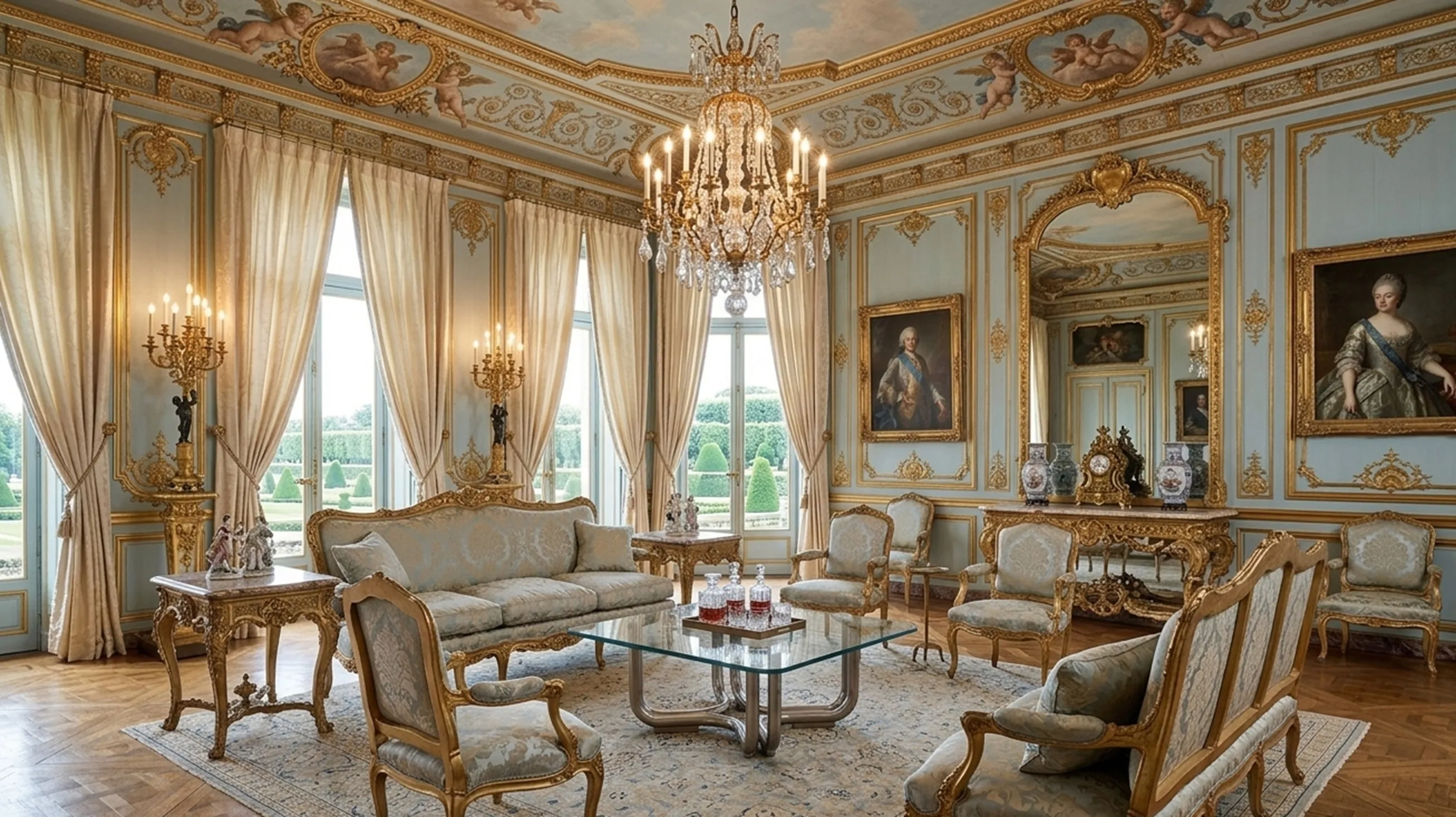 antique coffee table in an elegant living room with classic decor