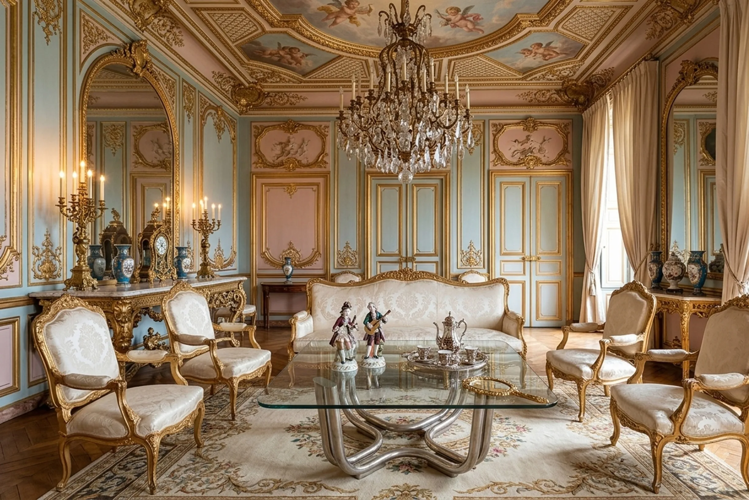 antique coffee table in an elegant room with chandeliers