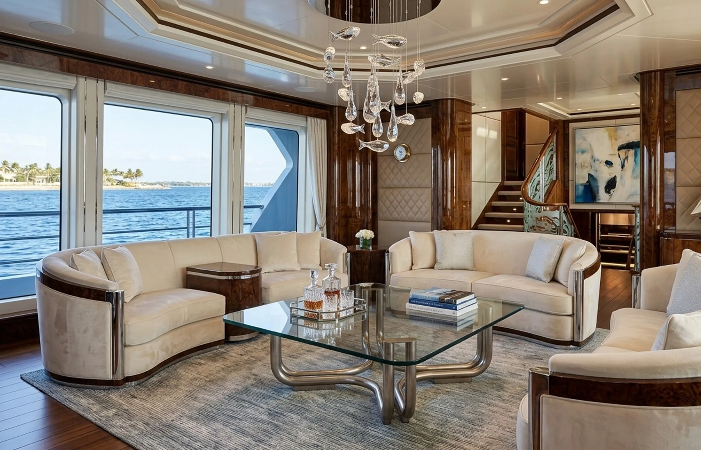 Tavolino da caffè antico in un elegante salotto con vista mare, decorato con un divano chiaro e un lampadario