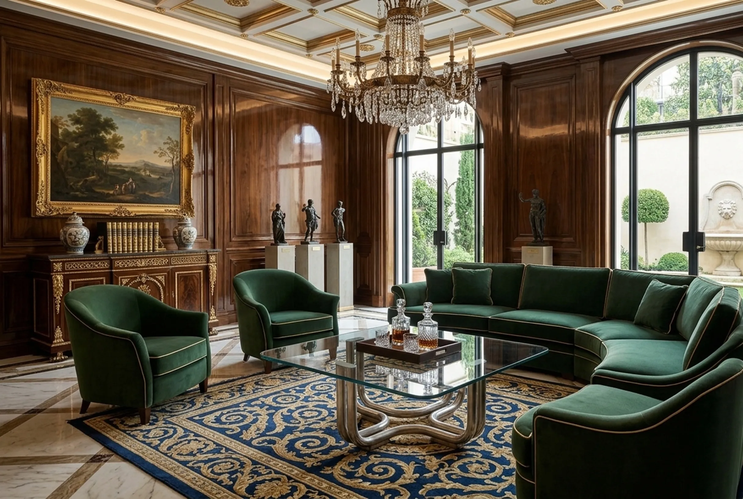 Antique glass coffee table in luxurious room with classic decor