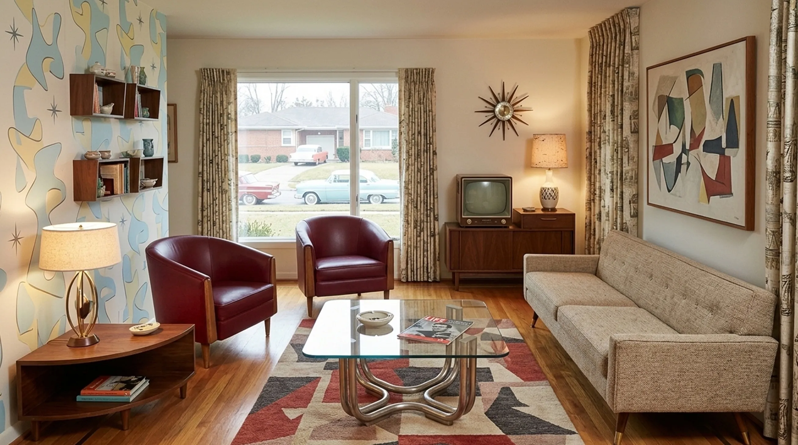 antiker Couchtisch mit Glastischplatte und Metallbasis in einer gemütlichen Umgebung