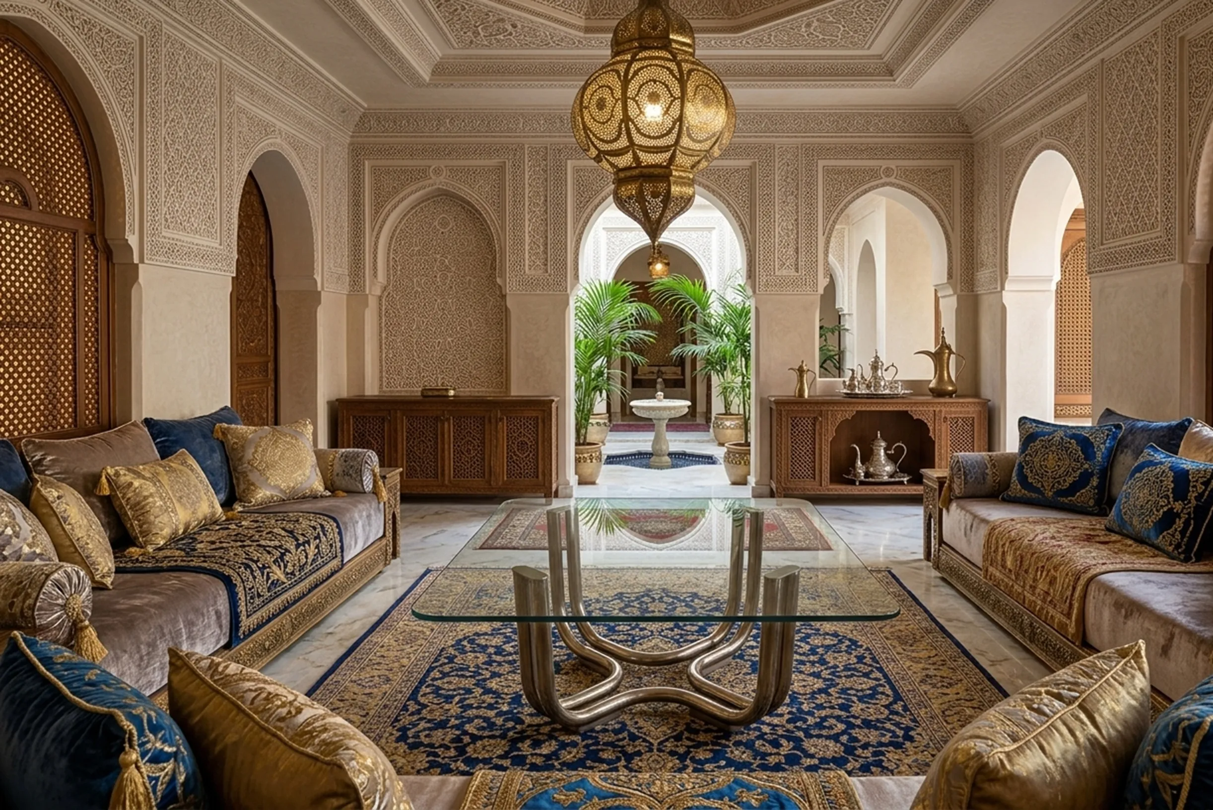 طاولة قهوة قديمة في الصالة مع ديكورات أنيقة ونباتات