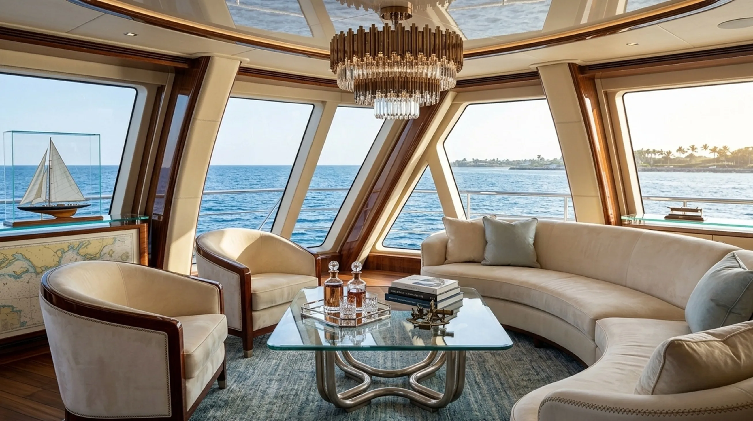 mesa ratona antigua con mesa de cristal, en un ambiente elegante junto al mar