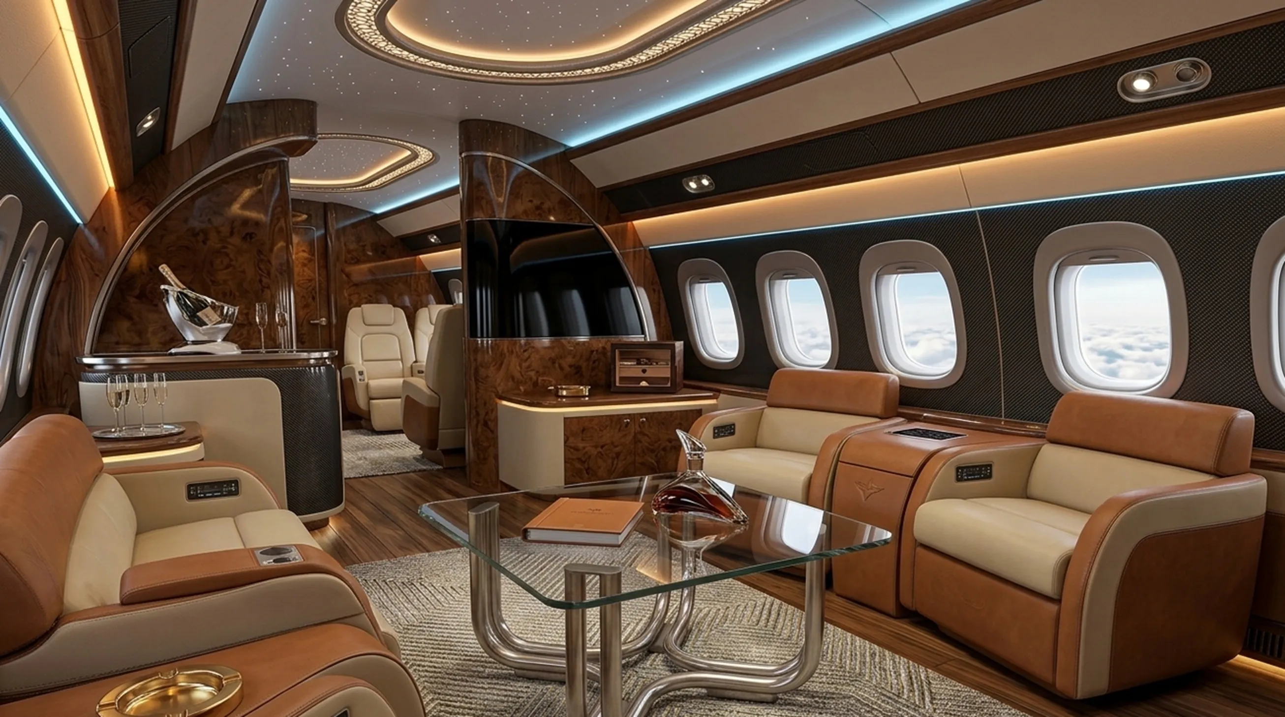 mesa ratona antigua de cristal en avión privado con sillones