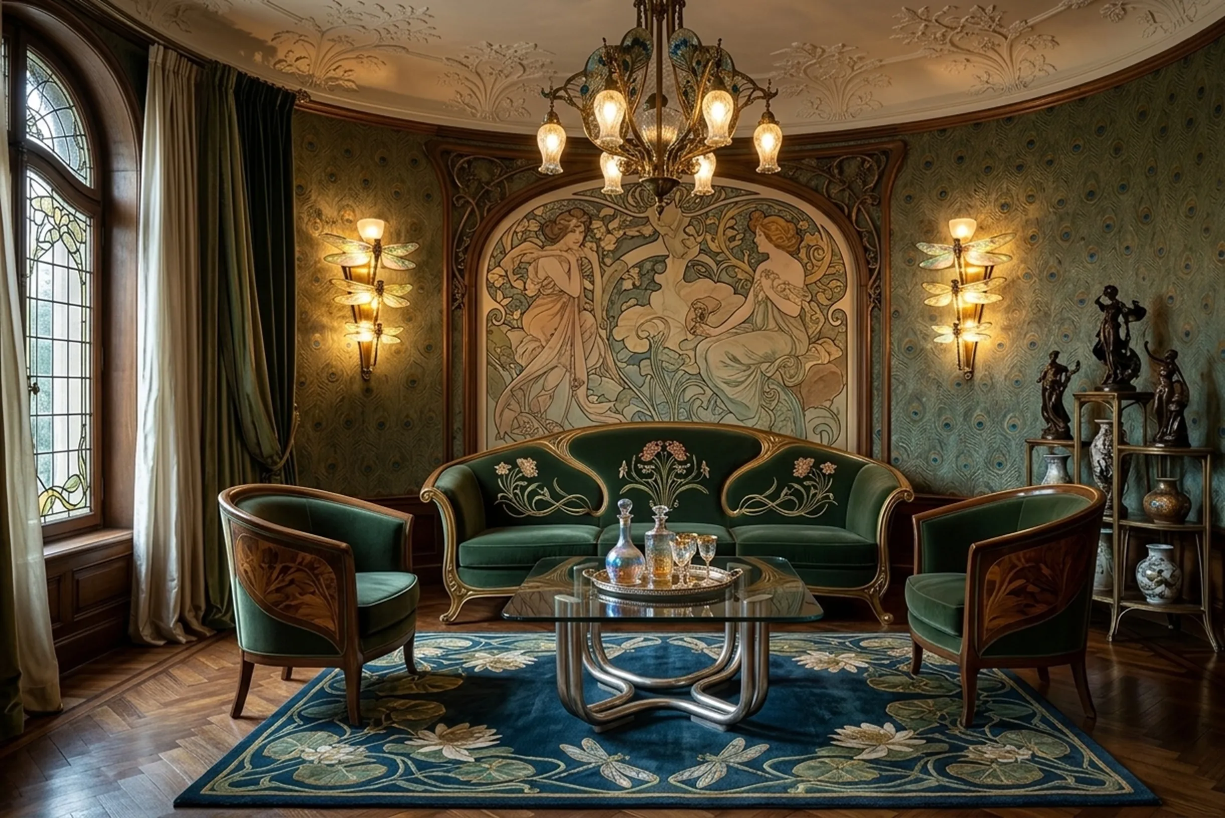 mesa de centro antiga com topo de vidro, em um ambiente elegante com móveis decorados