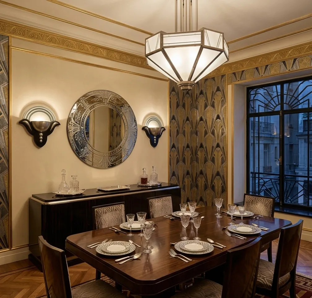 Wall sconce set with antique Art Deco design in an elegant dining room.