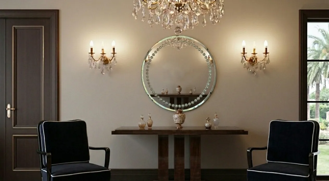 antica consola decorativa con specchio e decorazioni