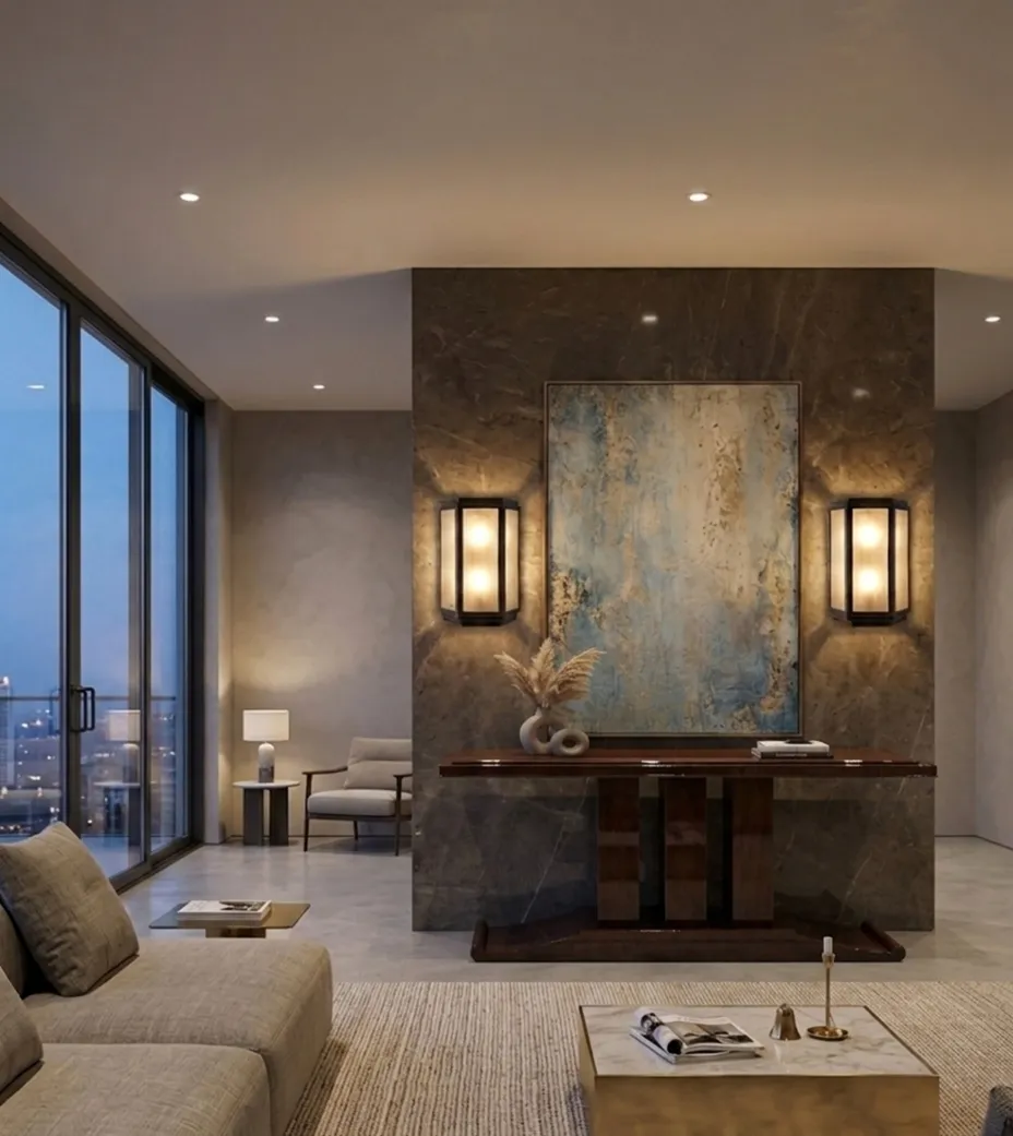 Console antica con decorazione, ambiente contemporaneo elegante