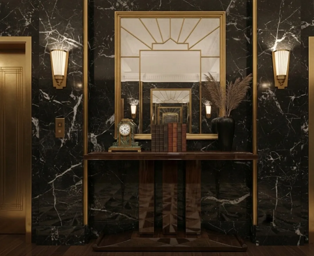 console antica in un ambiente di lusso con specchio e luce
