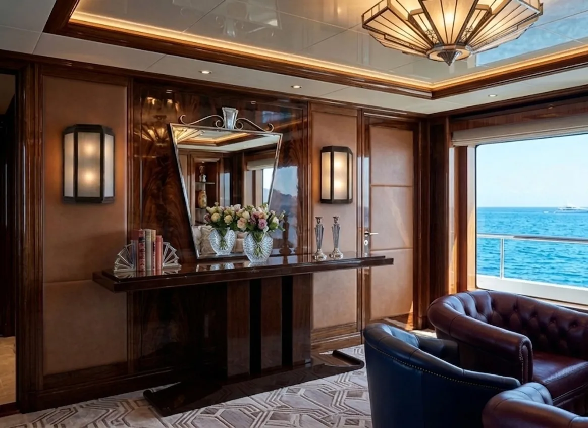 Antica console decorativa in un ambiente lussuoso accanto a una finestra con vista sul mare, accompagnata da vasi di fiori.
