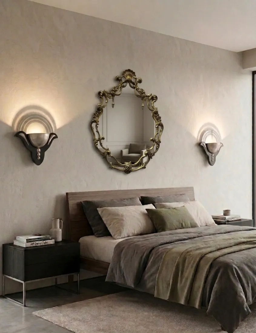 Antique decorative mirror in a modern bedroom.