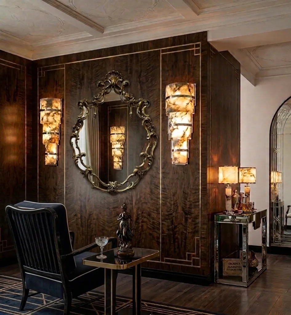 espejo antiguo decorativo en pared de madera oscura con luces