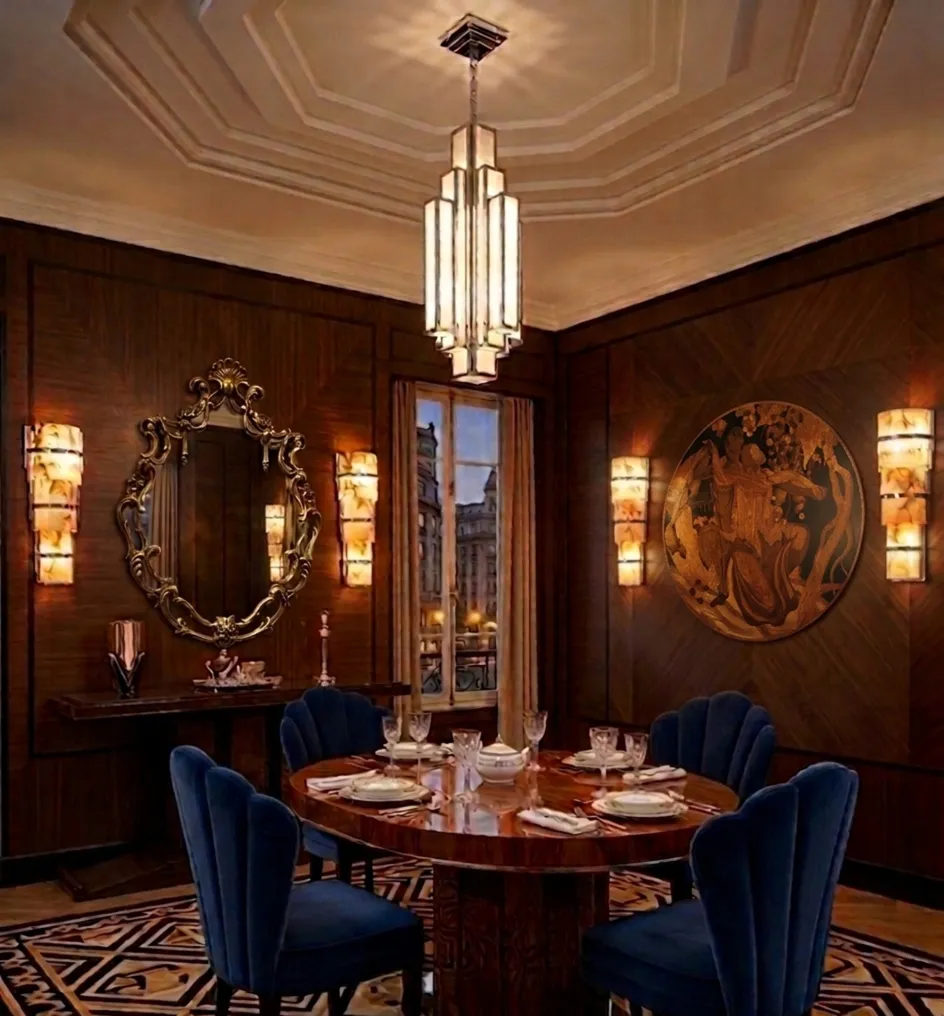 Antikes dekoratives Spiegel in einem eleganten Esszimmer, Art Nouveau-Stil.