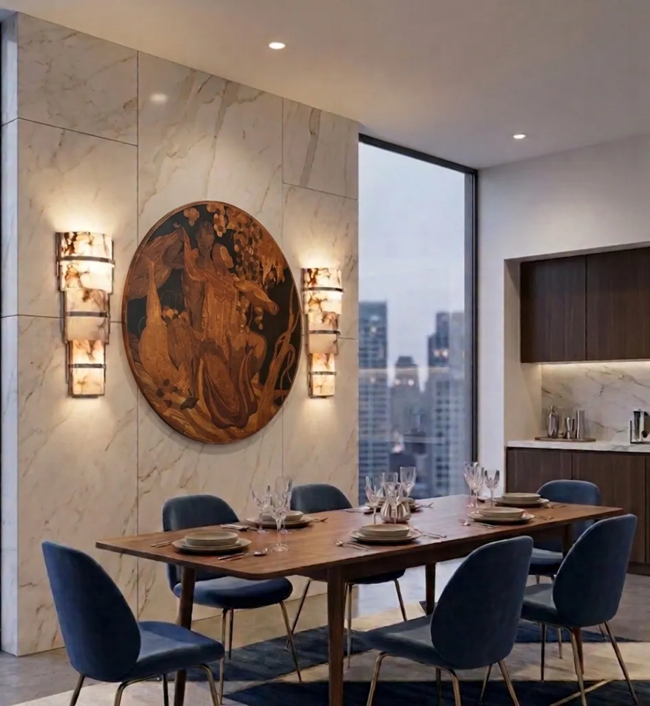 Room with decorative antique marquetry on the wall