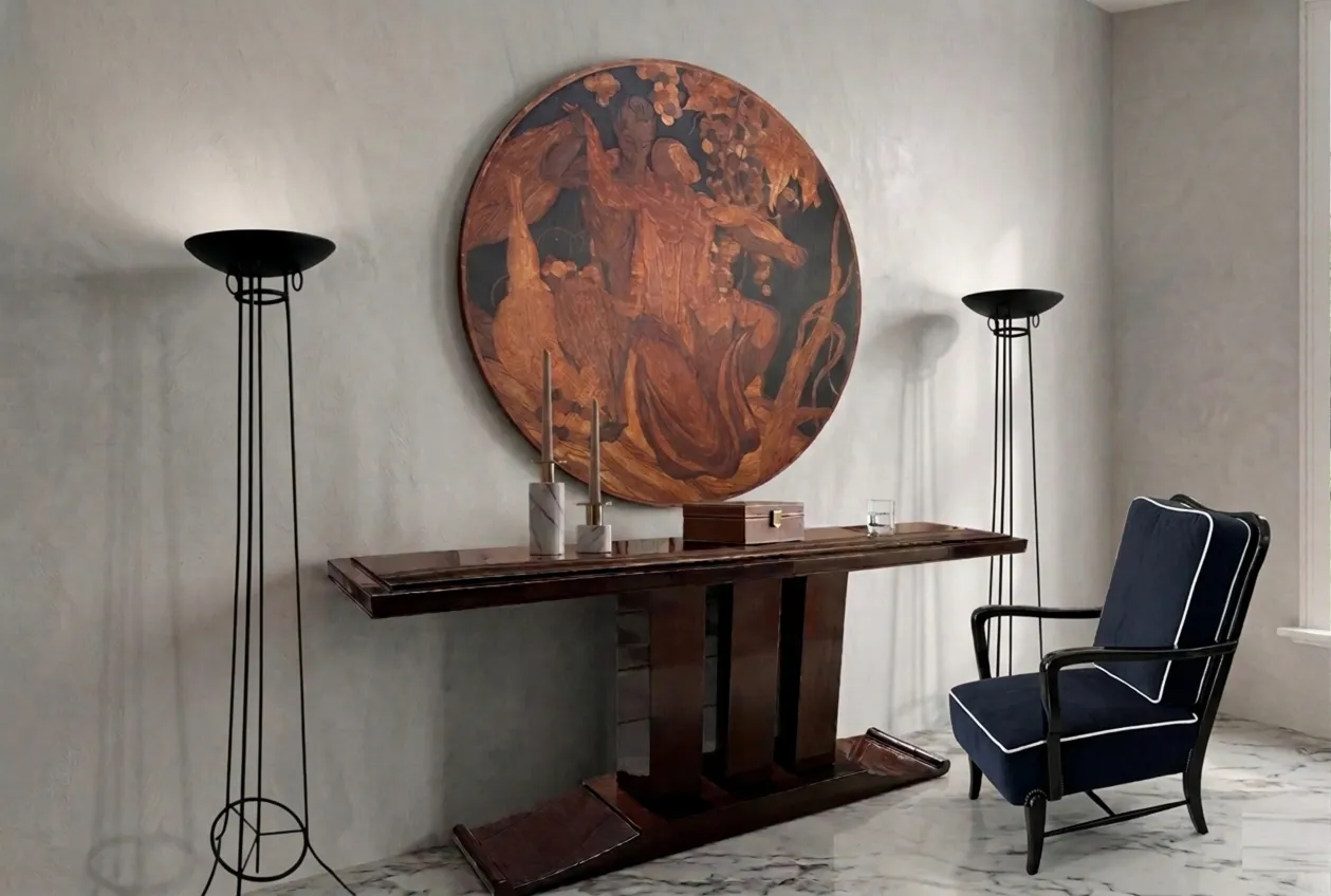 table with antique marquetry decor and modern lamps