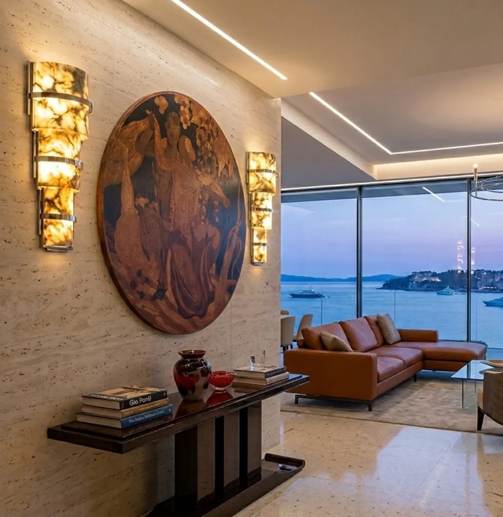 Beautiful antique marquetry on a wall, decorative accents and sea view