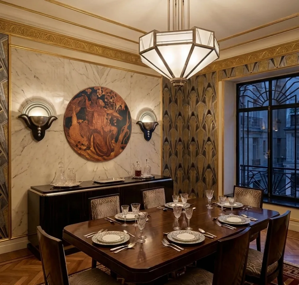 Antico intarsio decorativo sulla parete con illuminazione soffusa