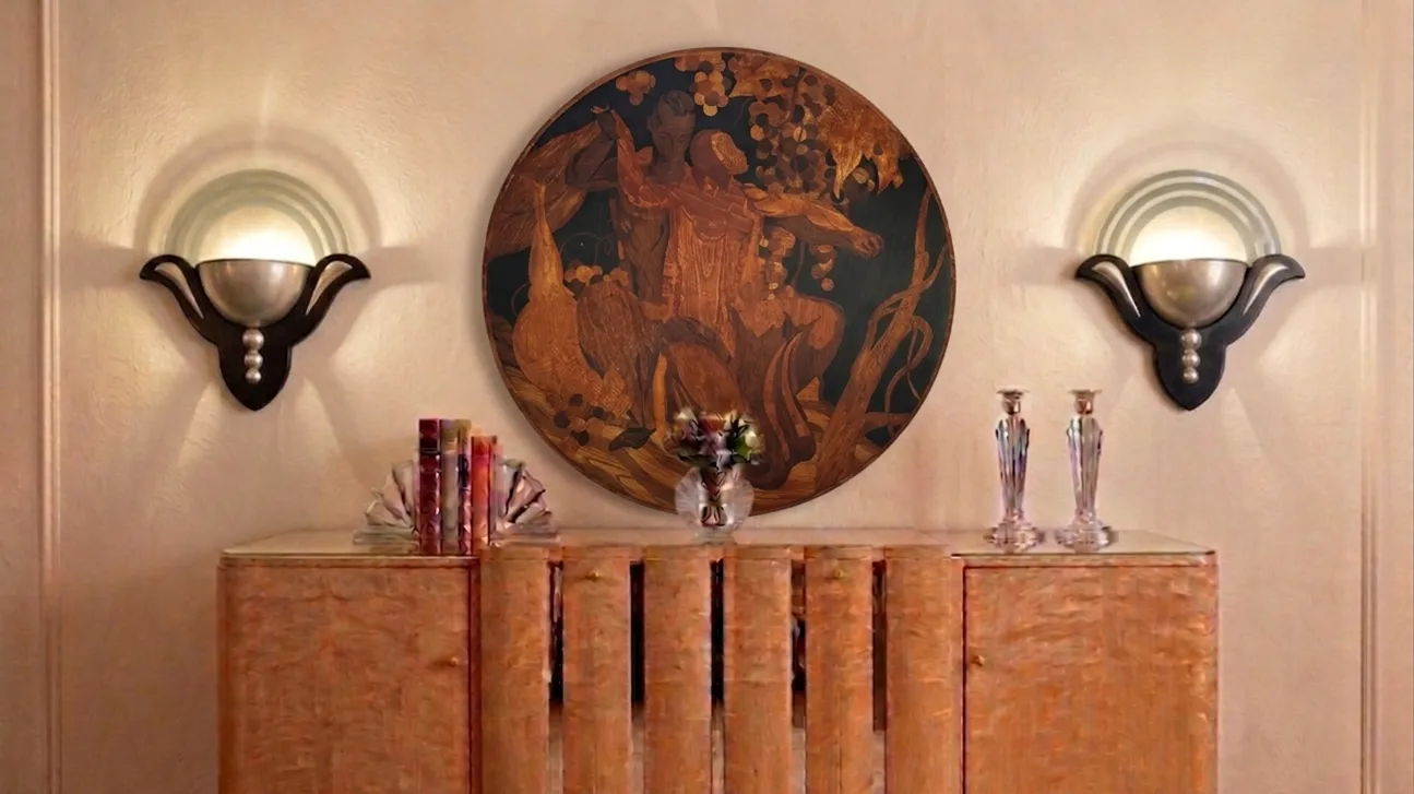 Antique marquetry decoration on the wall, soft light