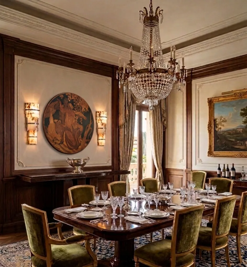 antikes Esszimmer mit dekorativer Marketerie an der Wand, Kronleuchter und eleganter Tisch