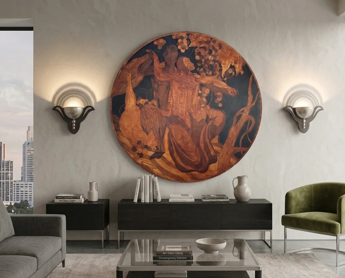 antique marquetry decoration featuring figures in warm tones