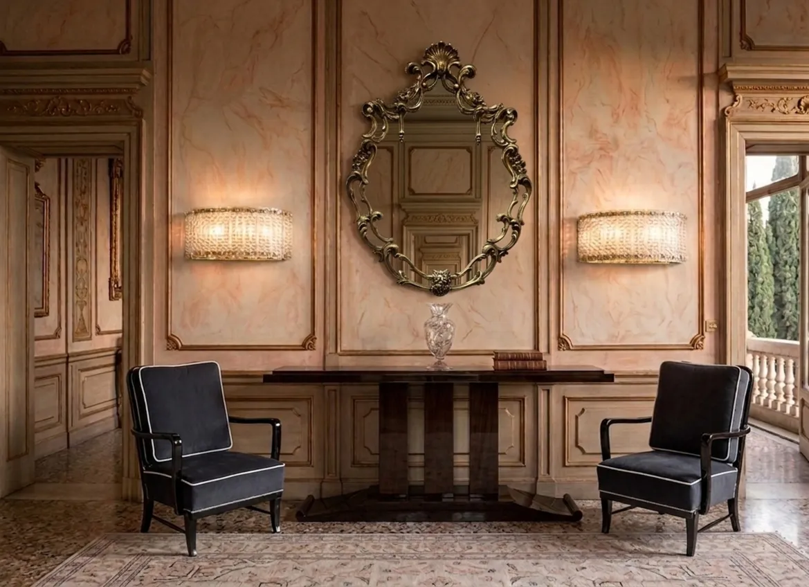 Due poltrone antiche in una sala elegante con decorazioni classiche