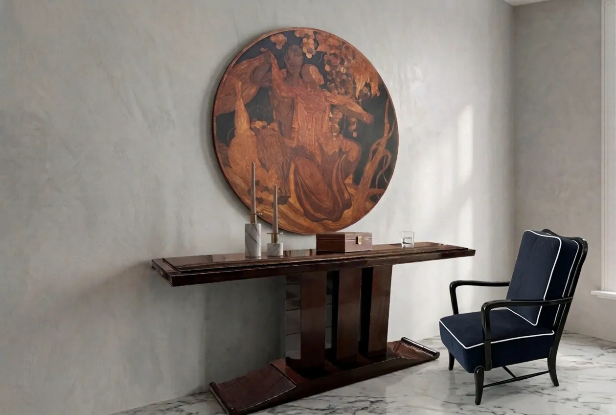 Two antique armchairs in a room with a large painting