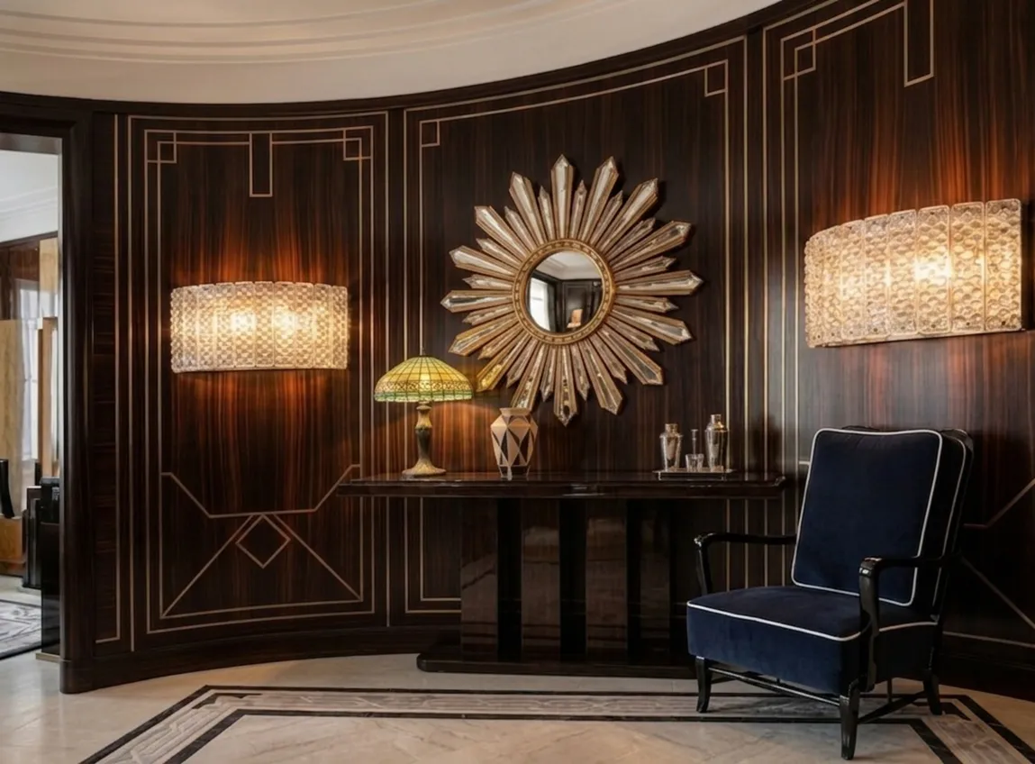 Due poltrone antiche decorano una stanza elegante con lampade e uno specchio.