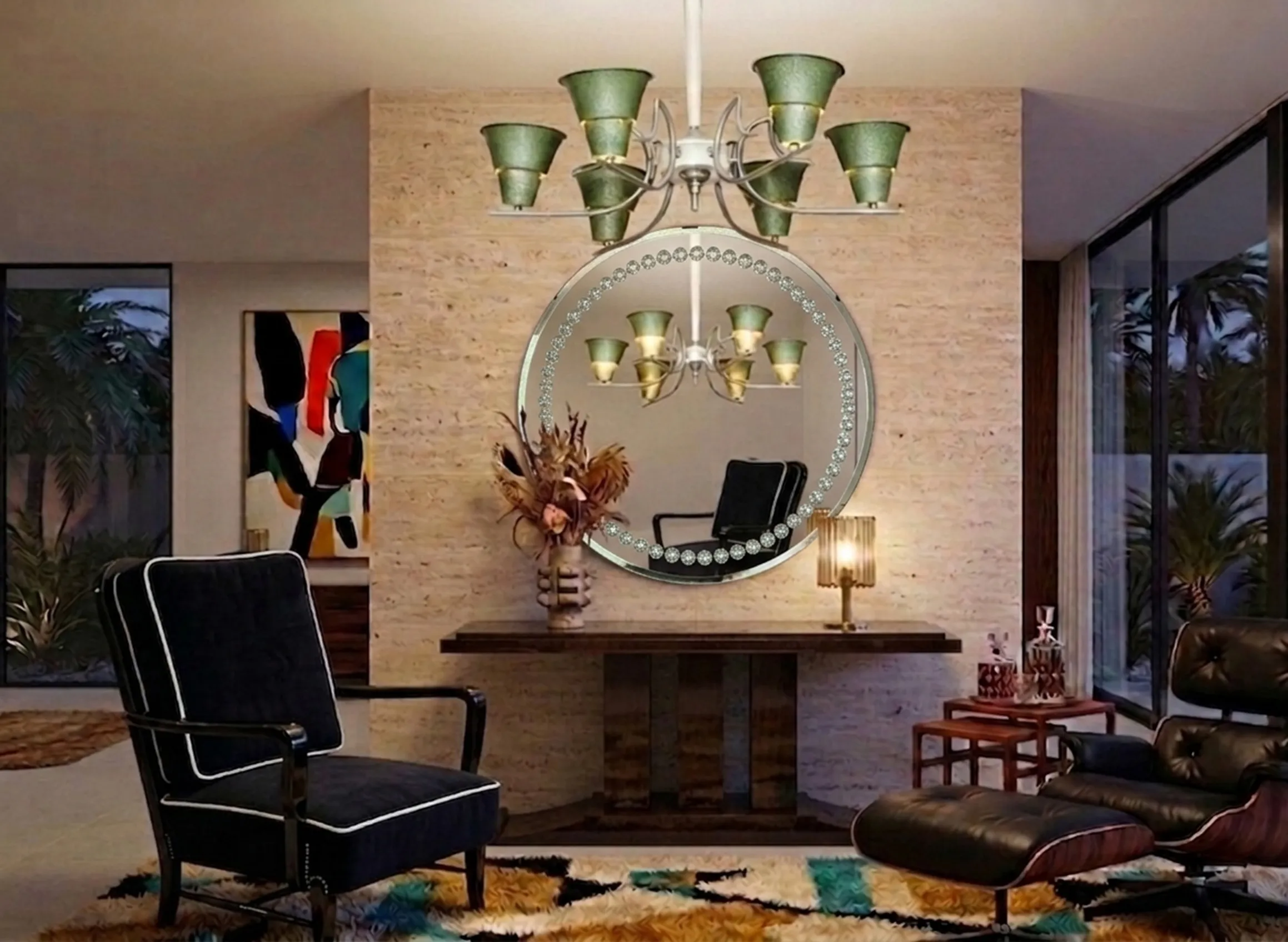 Espejo antiguo decorado con piedras brillantes en un salón moderno con arte contemporáneo.