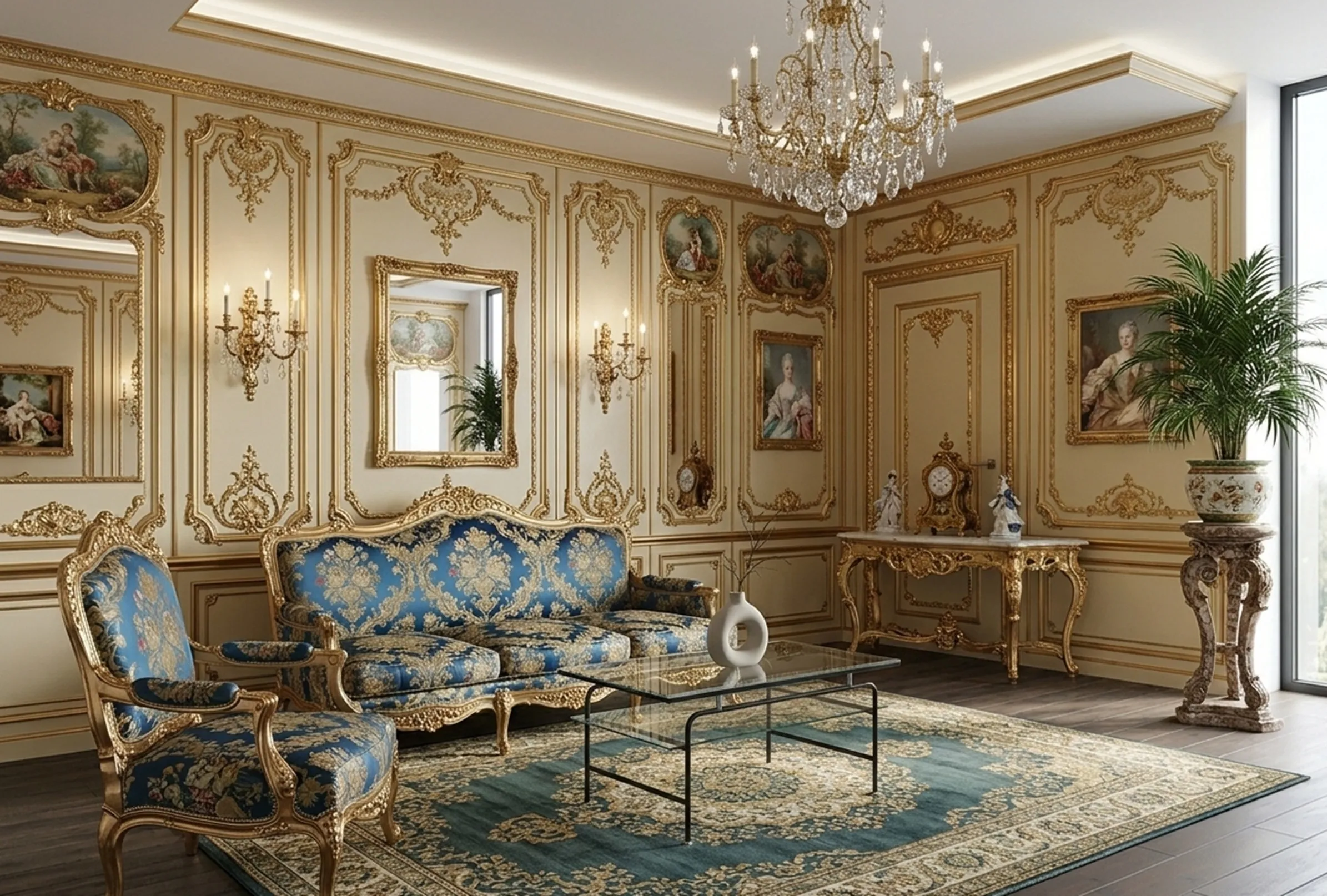 Antique coffee table in an elegant living room with gold accents and a decorative rug.