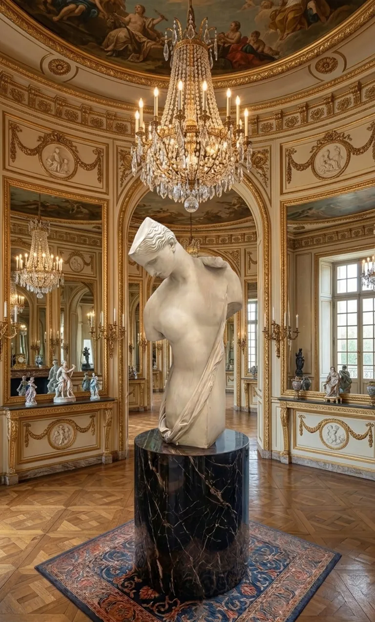 escultura antigua en una sala elegante con candelabros